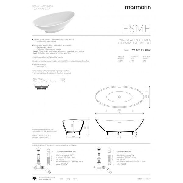 Ванна зі штучного каменю ESME, Marmorin, P_W_629_01_1880 P_W_629_01_1880-white-gloss фото