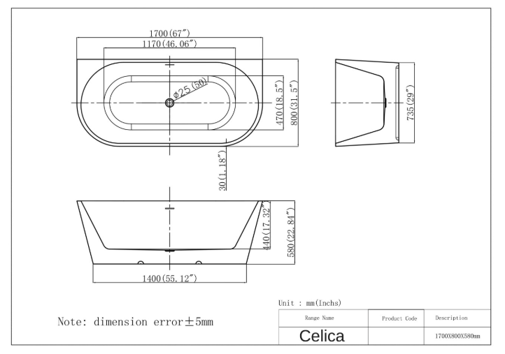 Ванна окремостояча Celica WB 170 * 80 * 58 : А0058052 фото