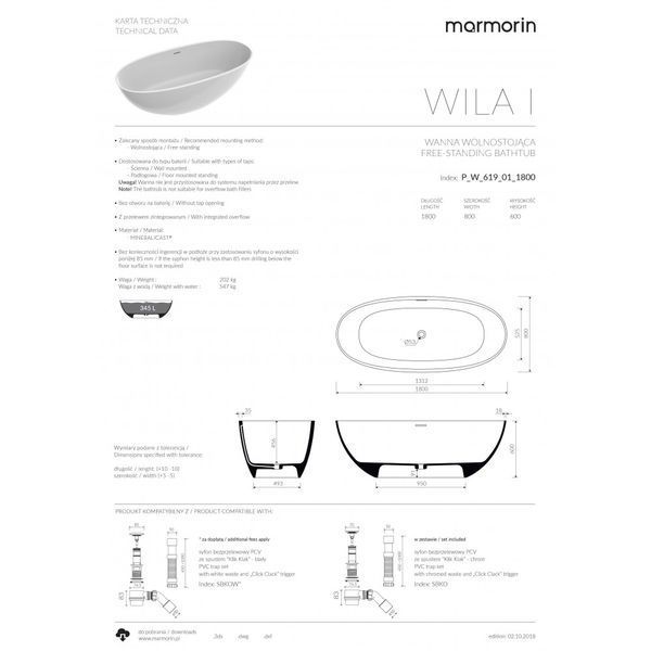 Ванна зі штучного каменю WILA I, Marmorin, P_W_619_01_1800 P_W_619_01_1800-white-gloss фото